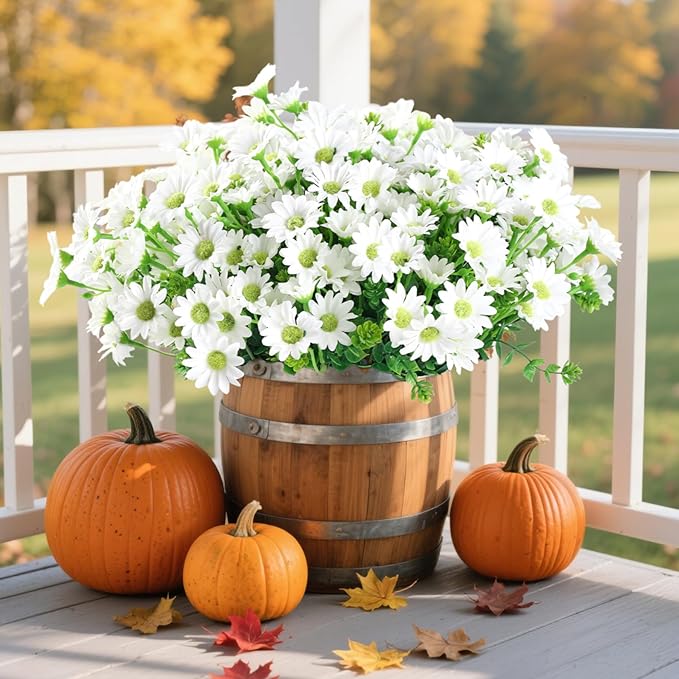 10pcs Outdoors Artificial Mum Flowers UV Resistant Daisy Fake Silk Chrysanthemum Greenery Faux Eucalyptus Plants for Spring Summer Garden Patio Window Box Planter Home Decor(White)