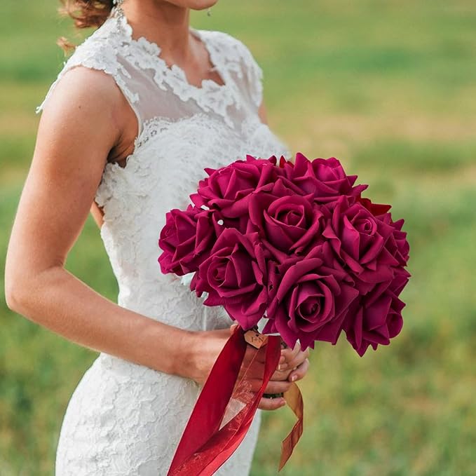 Rose-red Fake Roses with Stems,10pcs Soft Real Touch Silk Faux Roses Bouquet, Lifelike Artificial Rose for Wedding Table Centerpieces Party Home Decoration