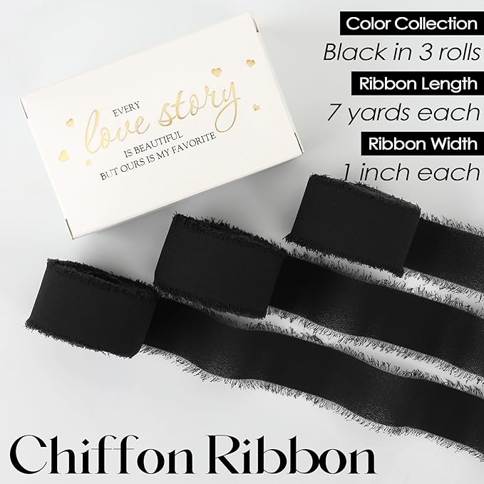 MEEDEE Black Chiffon Ribbon 1 Inch Frayed Ribbon Chiffon Silk Ribbons Black Fringe Thin Chiffon Ribbons for Crafts, Gift Wrapping, Wedding Invitation (3 Rolls 21 Yards)