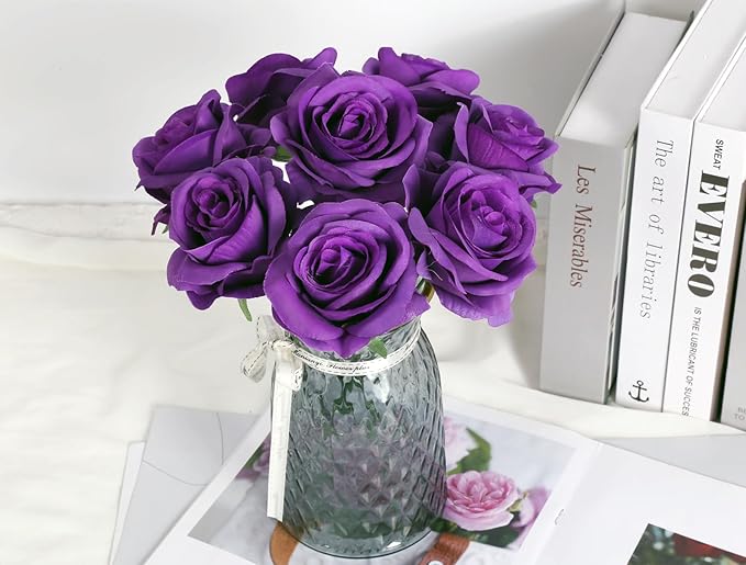 20pcs Purple Roses Artificial Flowers Fake Roses Real Looking Silk Flowers Bulk Big Faux Roses with Stems for Wedding Centerpieces Table Home Party Decor Bridal Floral Arrangements (Purple)