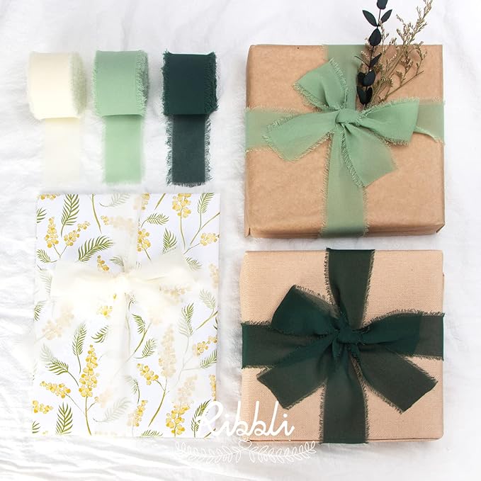 Ribbli Forest Green Chiffon Ribbon 1-1/2 inch x 20 Yard Handmade Fringe Chiffon Silk Ribbon,Black Ribbon for Wedding Invitations, Bridal Bouquets Wrapping, Flower Arrangement Decoration