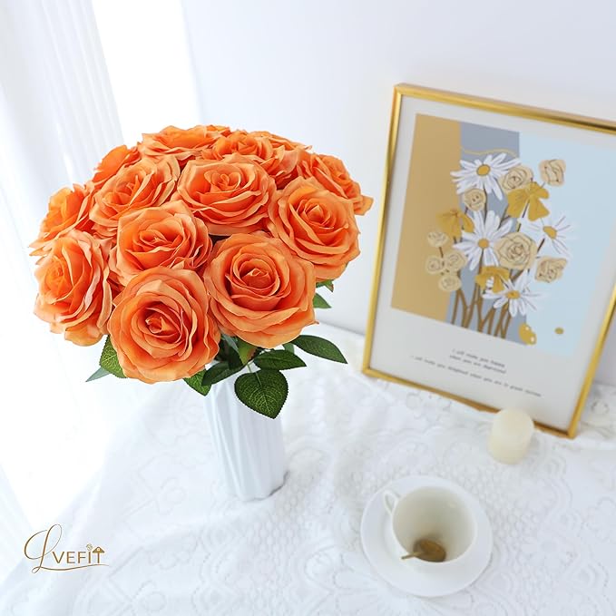 50pcs Artificial Rose Flower Orange Rose Orange Flower with Long Stem Silk Roses Bouquet for Wedding Bridal Shower Party Home Decoration