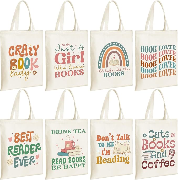 Sweetude 8 Pcs Christmas Book Lovers Club Gifts Bulk Canvas Tote Bags Bookish Librarian Reader Gift for Women Teacher Present(Retro)
