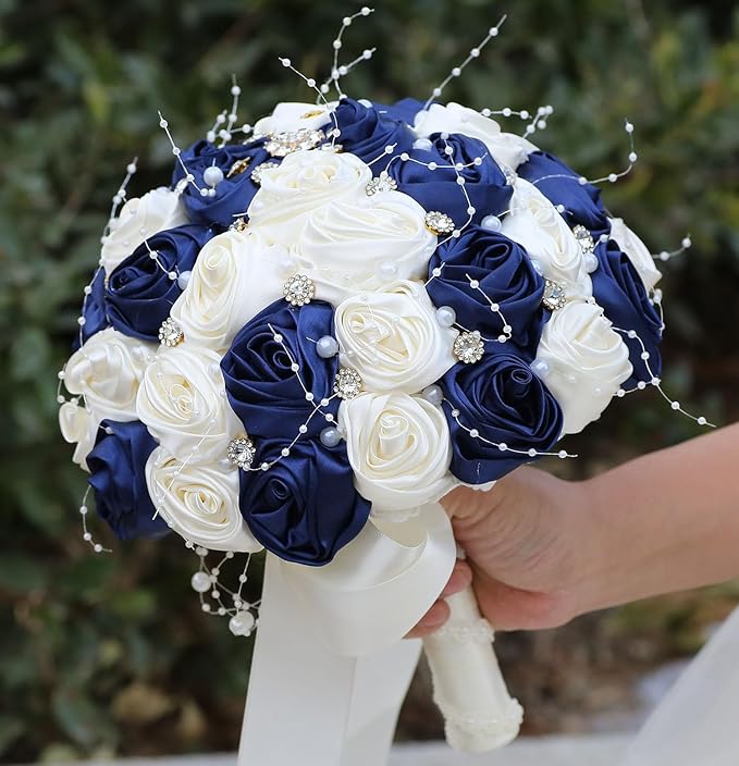 Bridal Wedding Bouquet Round Bling Brooch Bouquet Throw Toss Artificial Rose Flower Bunch for Bride Bridesmaid Wedding Quinceanera(Navy Blue & Ivory, 9.8")