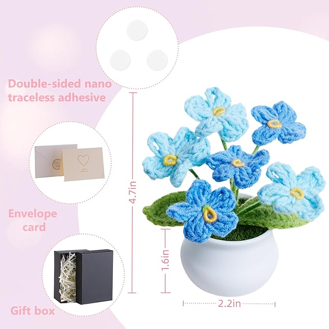 Crochet Flowers Cute Handmade Knitted Potted Gradient Blue Forget Me Not Flower for Women Coworkers Teacher Birthday Anniversary Decor for Home Room Office Desk Accessories