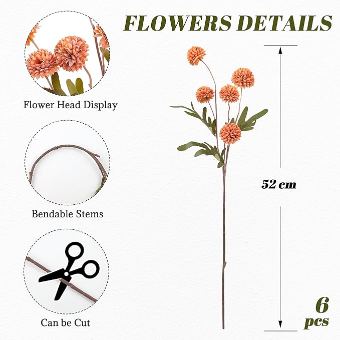SITUMEIZI Orange Pompon Mum Artificial Flowers Faux Silk Mums Mini Chrysanthemum with Stems 6Pcs for DIY Orange Wedding Centerpieces Floral Arrangements