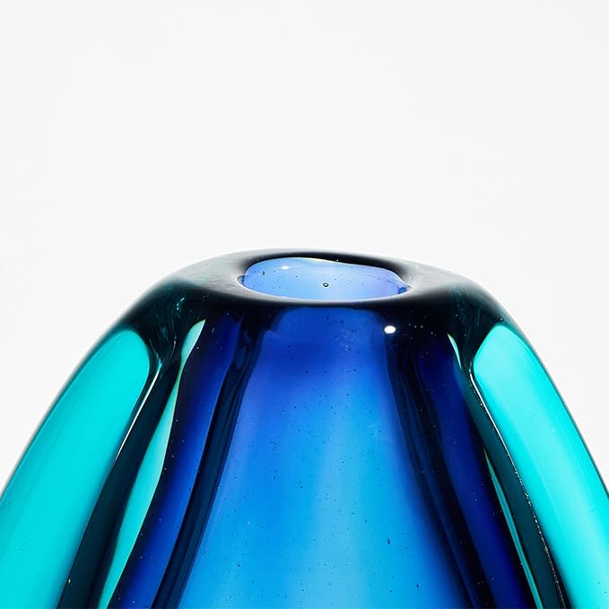 Luxury Lane Hand Blown Sommerso Oval Art Glass Vase for Decor 8.5 inch Tall Centerpiece Table Decoration London Blue