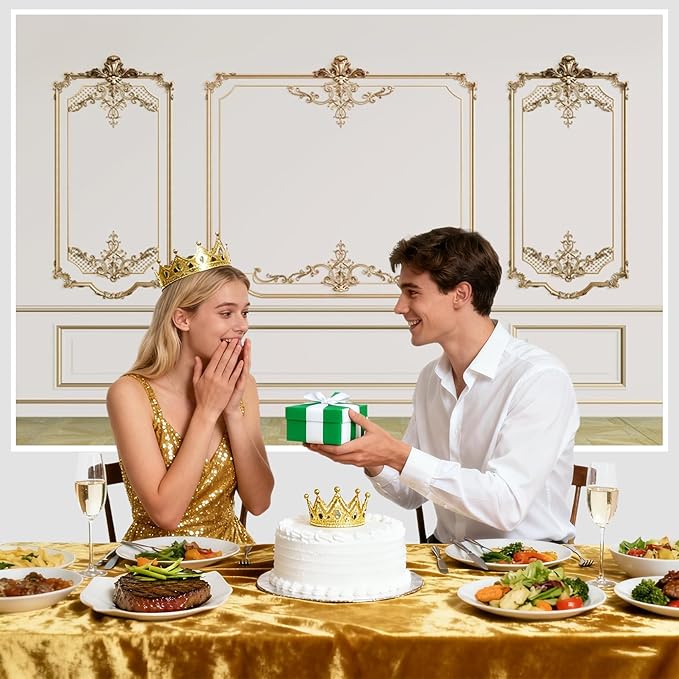 AOFOTO Vintage Room Inside Backdrop Modern French Classic Frame White Walls Gold Embossed Floral Photo Background Wedding Bridal Shower Reception Drama Portrait Photoshoot Backdrop Props 5x3ft