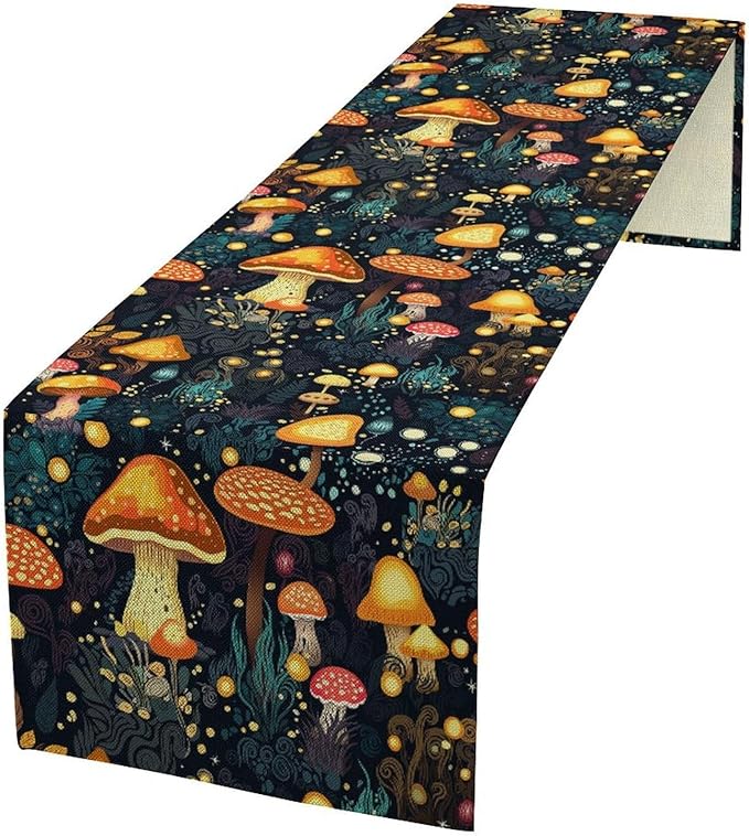 Mushrooms Forest Table Runner, Fairy Woodland Wildflower Herbs Plants Colorful Botanical Natural Farmhouse Table Runner for Kitchen Dining Table Decor, 13x90inch