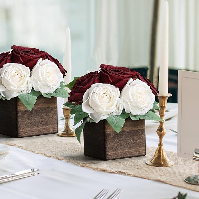 Dining Table Centerpiece Set of 6 - Pre-Made Aritifial Rose with Wooden Vase Fake Floral Arrangment Faux Flower for Wedding Bridal Tea Party Event Decorations - Burgundy & White