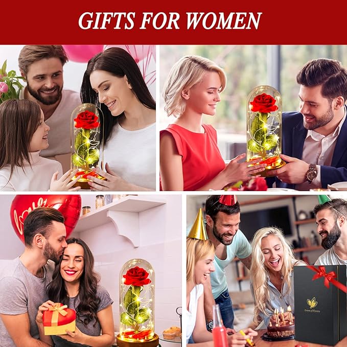 Christmas Birthday Gifts for Women,Beauty and The Beast Rose in Glass Dome,Silk Rose Forever Flowers with Lights,Mom Gift,Romantic Gifts for Her,Anniversary Flower Gifts for Women,Gifts for Girlfriend
