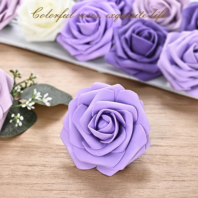 BLEUM CADE 16Pcs Artificial Flowers Fake Roses with Stems, Gradient Purple Boxed Foam Roses for DIY Bouquets Centerpieces Wedding Party Arrangement Bridal Shower Decor