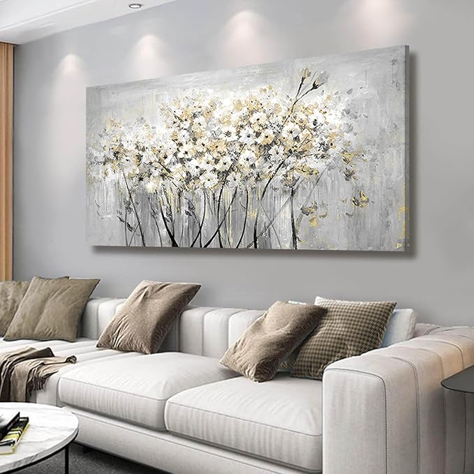 VAYIMDH Gold Pictures Wall Decor Living Room Wall Hanging White and Grey Vintage Posters Floral Photo Prints for Bedroom Dining Room 24x48 Inch