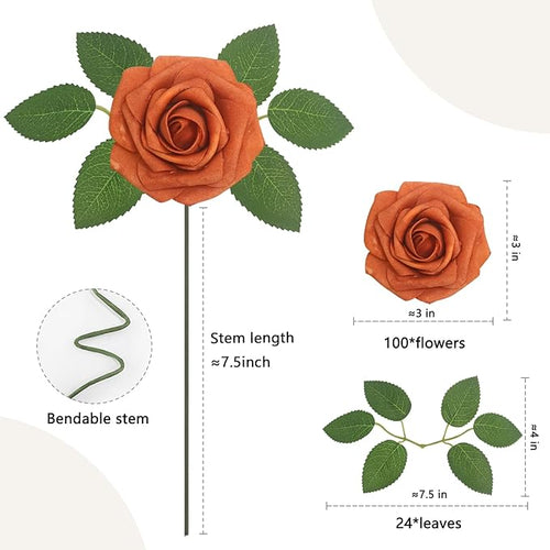 100PCS Artificial Flowers Burnt Orange Roses Real Looking Foam Fake Roses with Leaves and for DIY Wedding Bouquets Bridal Shower Centerpieces Party Decorations (Burnt Orange, 100)