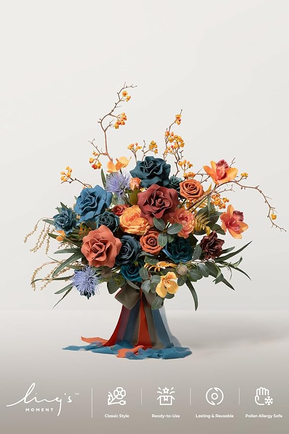 Ling's moment Teal Bridal Bouquet, Burnt Orange Wedding Bouquets for Bride, 15 Inch Silk Free Form Bridal Bouquets Artificial Wedding Flower Bouquet