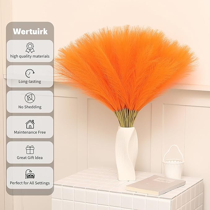 Faux Orange Pampas Grass - 30pcs 24 Inch Artificial Pampas Grass Decor, Tall Pampas Grass for Floor Vase, Table Centerpieces, Wedding, Party and Living Room Decor (Orange, 30 Pieces)