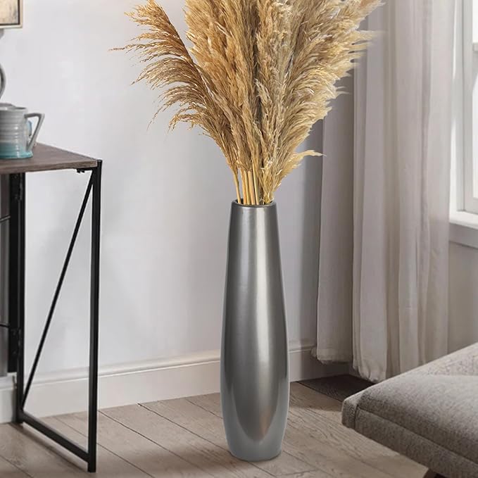 Silvery Ceramic Tall Floor Vase,17.7 Inch Large Modern Flower Vases for Home Décor,Wicker Big Floor Vases Decorations for Farmhouse, Living Room,Bedroom,Standing Plastic Vase Decorative Tall