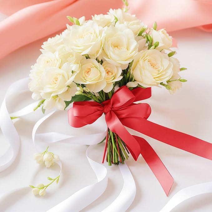 Red Ribbon 1-1/2 Inch Red Satin Fabric Polyester Ribbon 50 Yards for Flower Bouquet Craft Wrapping Hair Bow Making Christmas Wreath Wedding Party Decoration