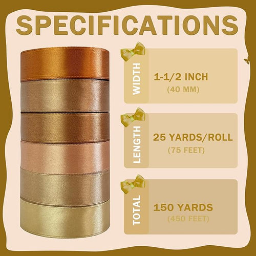 150 Yards Brown Satin Ribbon 1-1/2 Inch 6 Rolls Assortment Ribbons for Crafts Gift Wrapping Flower Bouquet Wedding Invitations Birthday Party Festival Decoration Hair Bows