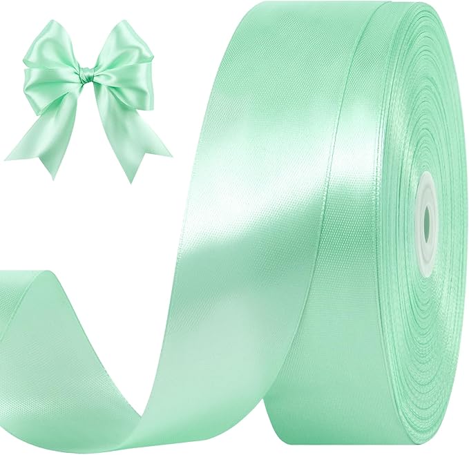 1-1/2 Inches 100 Yards Mint Green Satin Ribbon, Ribbon Roll for Flower Bouquets, Gift Wrapping, Wedding, Handmade Crafts