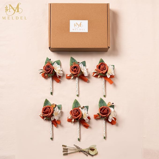 Meldel Rose Boutonniere for Men Wedding, Set of 6, Guest Groom Groomsmen Boutonnieres Prom Corsage for Weddings Homecoming Ceremony Anniversary Party Suit Decoration Flower, Burnt Orange/Terracotta