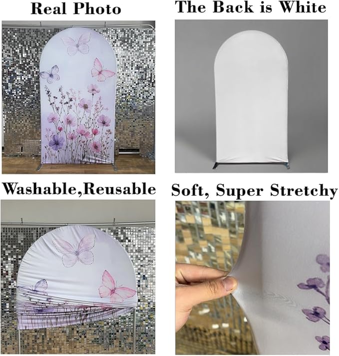 KONPON Butterfly Arched Backdrop Cover Spring Pink Purple Flowers Stretchy Arched Stand Cover for Girls Birthday Party Decorations (No Stand!)