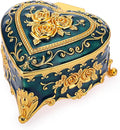 Hipiwe Vintage Metal Jewelry Box - Heart Shape Trinket Box Ring Case with Rose Pattern Jewelry Storage Box for Ring Earrings Necklace, Keepsake Box for Women, Blue