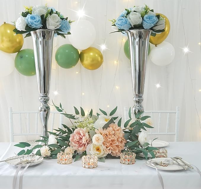 LoveCat 10pcs of Metal Trumpet Silver Vases for Table Centerpieces, Anniversary Celebration Wedding Party Dinner Table Centerpieces, Wedding Decorations, 21.9in/55.5cm Tall Minimalism Vases