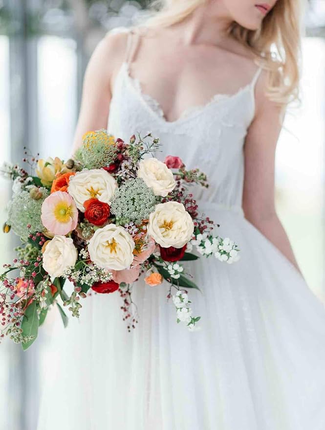 16pcs Peonies Artificial Flowers Head Ivory Austin Roses Vintage Burnt Flowers Silk Rose Head with Stems for DIY Flower Wedding Bouquets Centerpieces Home Decoration (Ivory)