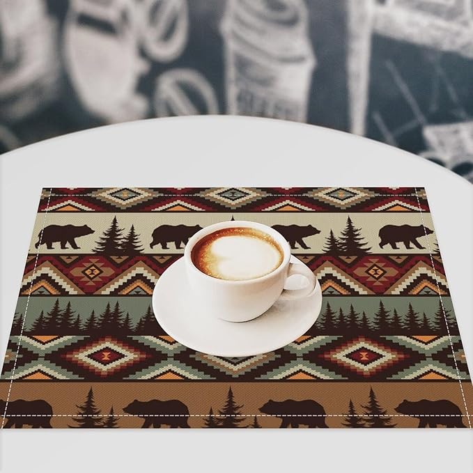 Rustic Lodge Bear Placemats Set of 4, Vintage Cabin Pine Cone Plaid Place Mats, Heat Resistant Non Slip Cotton Linen Dining Table Mats for Home Kitchen Party 18x12 Inch