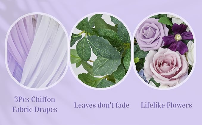 Ting's time Wedding Arch Flowers Kit (Set of 5) 2 Pcs Purple Artificial Flower Arrangement 3 Pcs Arch Draping Fabric for Wedding Ceremony Arbor and Reception Backdrop Decoration(Lilac&White)