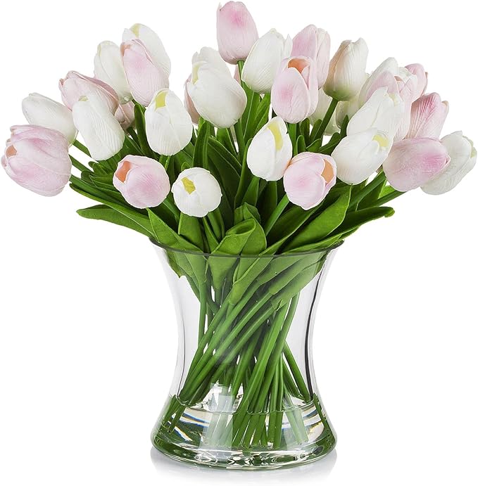 ENOVA FLORAL 40 Heads Artificial Tulips Flowers with Vase Mixed White Pink Colors, Real Touch Tulips Floral Arrangement with Vase, Fake Flowers in Vase for Home Decor, Wedding Centerpieces