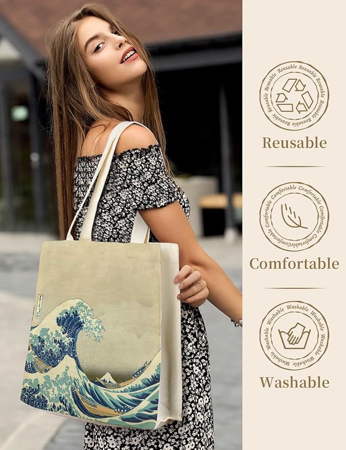 AUSVKAI Canvas Tote Bag Aesthetic for Women, Cute Reusable Bags with Pockets & Snaps for Beach Shopping College Gym Grocery