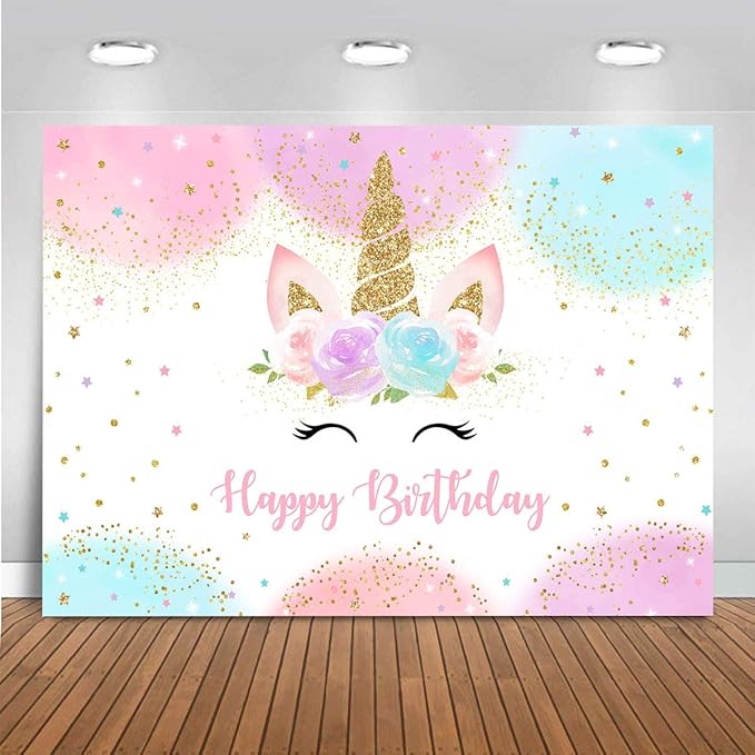 Mocsicka Unicorn Birthday Decorations Backdrop for Girls Party 8x6ft Pastel Rainbow Glitter Stars Dots Happy Birthday Banner Photo Booth Props
