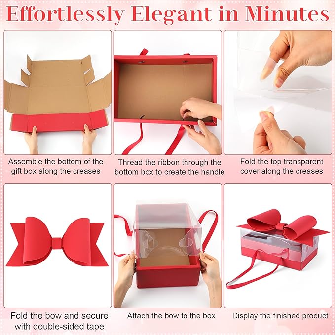 AceOrbit 1 Set Flower Gift Box with Bow Paper Empty Large Red Gift Baskets with Lid and Handle Squared Cardboard Fillable Present Chocolate Packaging for Christmas Valentine Birthdays Bridal Wedding