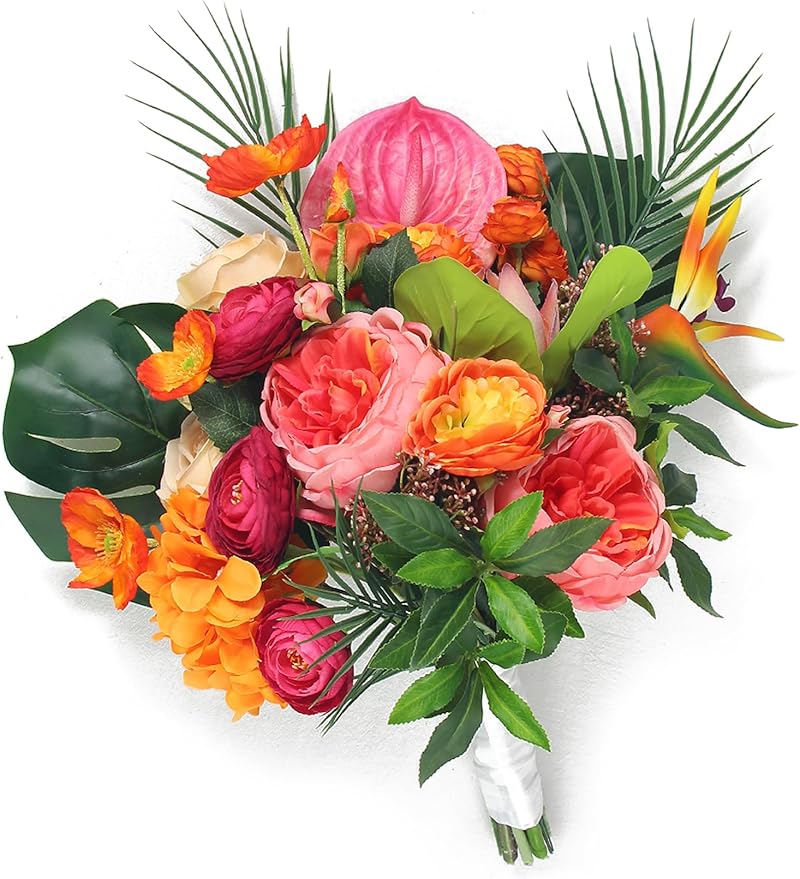 Rinlong 14.5" Wide Tropical Wedding Bouquets for Bride Orange Hot Pink Bridal Bouquet for Wedding Artificial Flowers Bouquets Beach Wedd