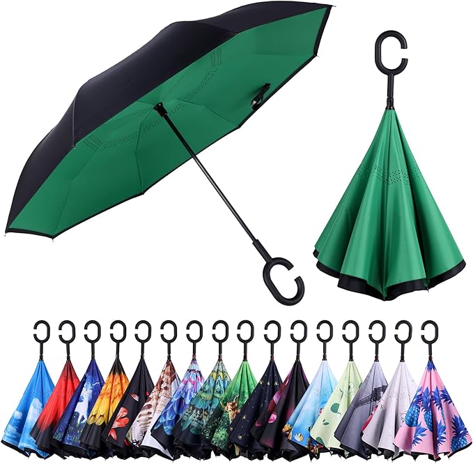 Inverted Umbrella, 49 Inch Double-Layer Vented Reverse Umbrella, Windproof Waterproof UV Protection, Lightweight C-Handle, Fiberglass Ribs, Steel Shaft, Travel/Commute/Car Use, With Sleeve