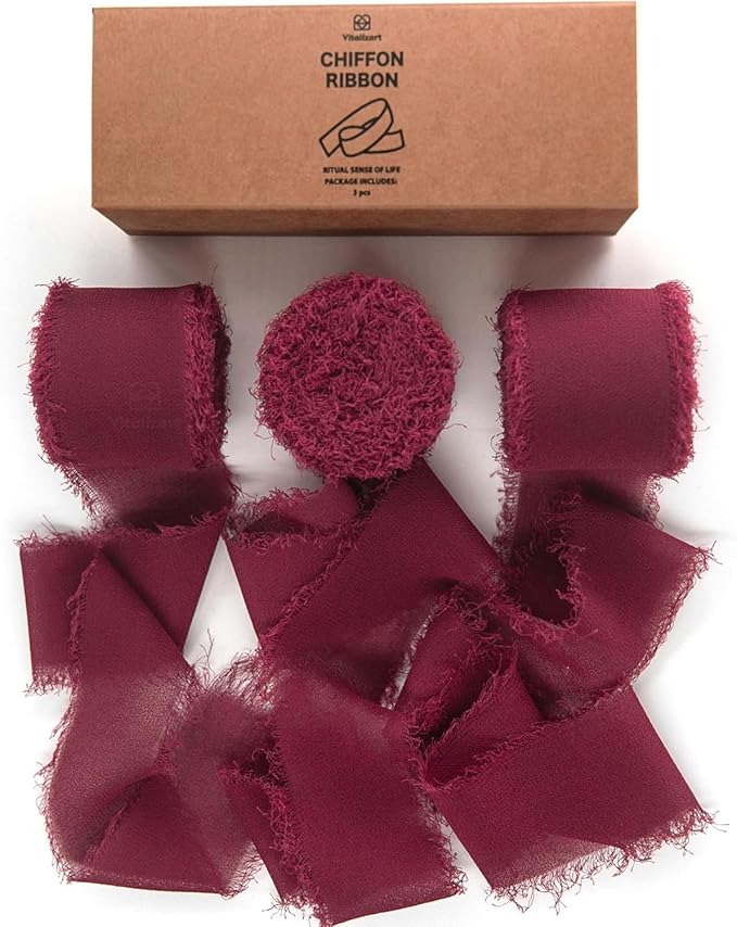 Vitalizart Burgundy Red Handmade Chiffon Silk Ribbon Fringe 3 Rolls 1.5" x 21 Yd Frayed Edges Ribbons for Wedding Invitations Bridal Bouquets Gifts Wrapping Crafts Holiday Decor