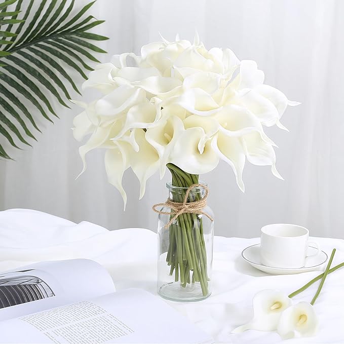 24 Pcs White Artificial Calla Lily Flower White Fake Silk Flowers Real Touch for Wedding Bouquet Office Home Kitchen Decor