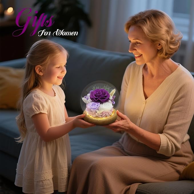 Birthday Gifts for Mom Forever Flowers for Delivery Prime Preserved Rose in Glass Dome Long-Lasting Eternal Rose Gifts for Her Women Grandma Wife on Christmas Anniversary Purple Flowers