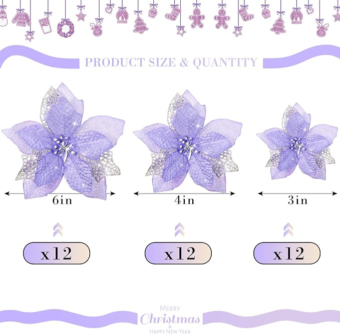 WILLBOND 36 Pieces Christmas Poinsettia Glitter Faux Flowers Christmas Artificial Flowers Tree Ornaments Topper Xmas Decorations(Purple)