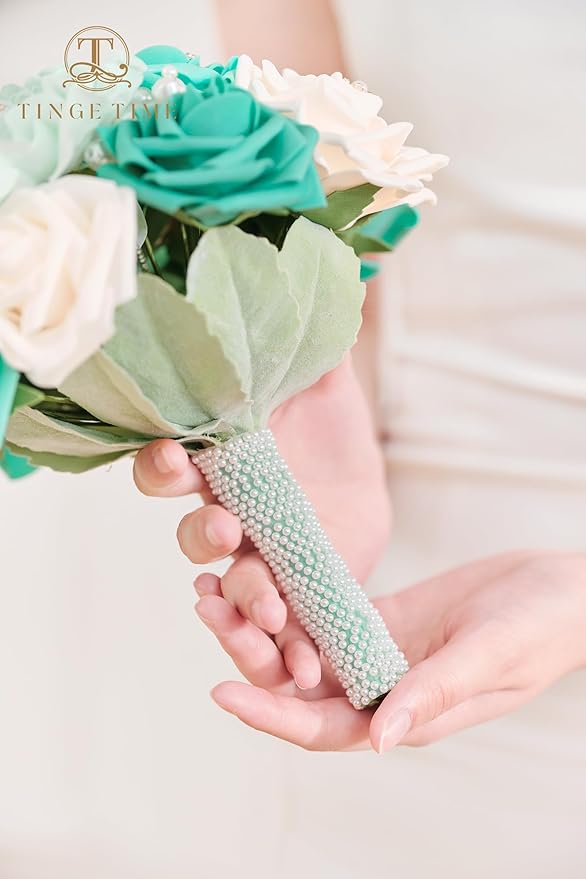 TINGE TIME 7 Inch Artificial Flowers Wedding Bouquets for Bridesmaid, Set of 4, Bride Tossing Bouquet for Rustic Wedding Ceremony Bridal Shower Vintage Party (Teal Green & Champagne)