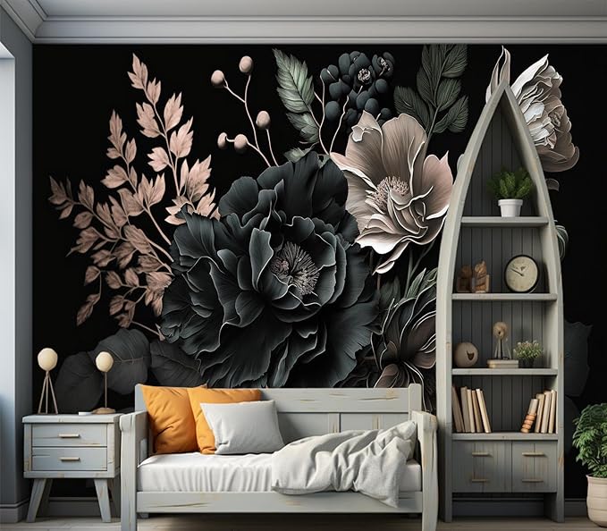 Eierme-Black Background with Flowers and Leaves Mural Wallpaper Peel and Stick 137" x 102"