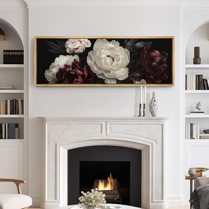 SIGNFORD Large Framed Canvas Print Wall Art Vintage Peonies Classic Floral Painting in Deep Tones Illustrations Modern Art Relax/Calm Warm for Living Room, Bedroom, Office - 60"x20"