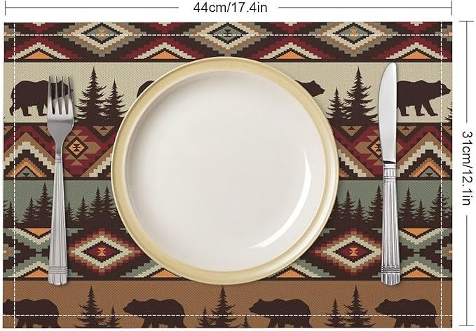 Rustic Lodge Bear Placemats Set of 4, Vintage Cabin Pine Cone Plaid Place Mats, Heat Resistant Non Slip Cotton Linen Dining Table Mats for Home Kitchen Party 18x12 Inch