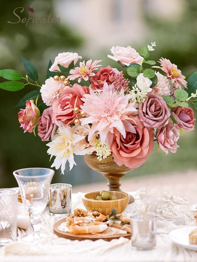 Serwalin Pink Artificial Flowers, Fake Silk Dahlia Flowers Wedding Cake Flowers for Wedding Bouquets Table Centerpieces Baby Shower Home Decor