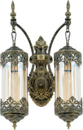 Rustic Wall Sconce with Amber Glass Vintage 2-Lights Antique Gothic Wall Light Fixture Retro Mid Centry Lantern Wall Sconce for Bedroom, Living Room, Mirror, Brush Gold, E12