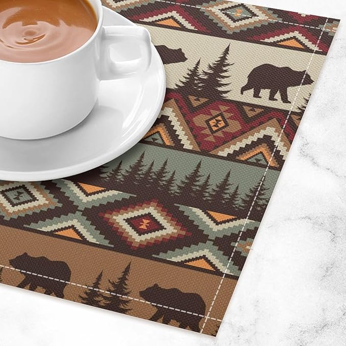 Rustic Lodge Bear Placemats Set of 4, Vintage Cabin Pine Cone Plaid Place Mats, Heat Resistant Non Slip Cotton Linen Dining Table Mats for Home Kitchen Party 18x12 Inch