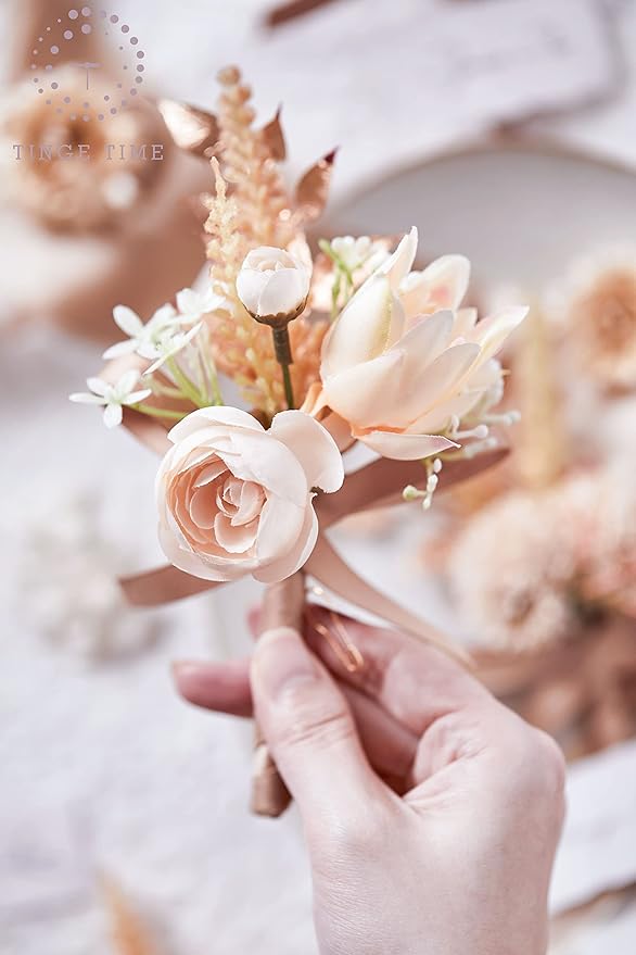 TINGE TIME 6PCS Boutonniere for Men, Groom and Groomsmen Boutonniere for Wedding, Prom, Homecoming, Anniversary, Graduation(Beige)