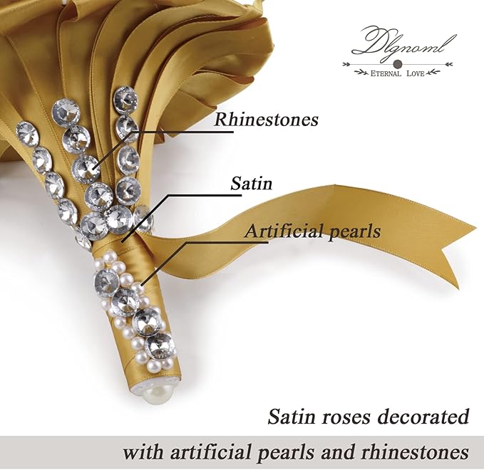 Handmade Wedding Flowers Bridal Bouquets Crystal Bride Holding Bouquet White Ivory Satin Roses with Diamond Pearl Ribbon.(Gold)